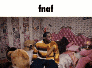 a man in a striped sweater sits on a bed surrounded by stuffed animals and the word fnaf