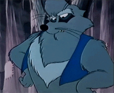 a cartoon drawing of a raccoon with a blue vest on