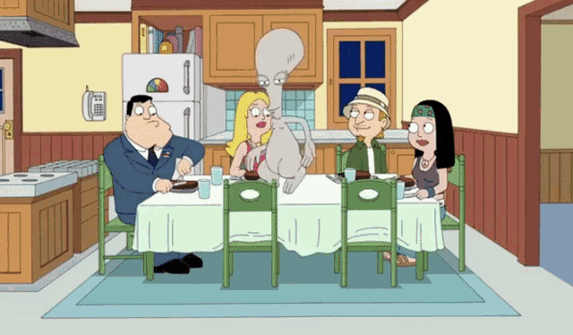 a cartoon of a family sitting around a table with a refrigerator in the background