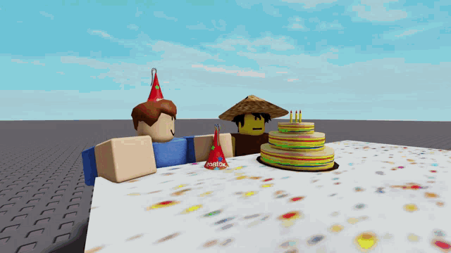 two roblox characters are standing next to a cake