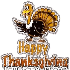a cartoon turkey is standing next to the words `` happy thanksgiving krista boo '' .