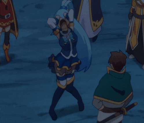 a group of anime characters are standing in a circle with one wearing a red shield that says ' chaos ' on it
