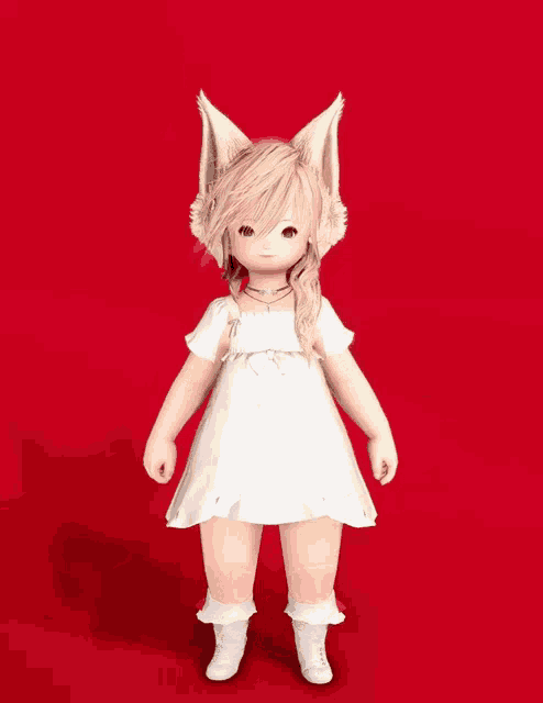 a little girl in a white dress with cat ears is standing with her arms outstretched