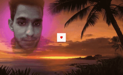 a man 's face is surrounded by palm trees and a sunset in the background