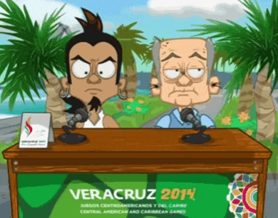 a cartoon of a man and a woman sitting at a table with veracruz 2014 written on the front