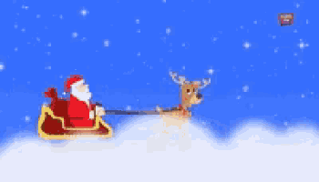 santa claus in a sleigh being pulled by a reindeer with a sign that says ' christmas ' on it