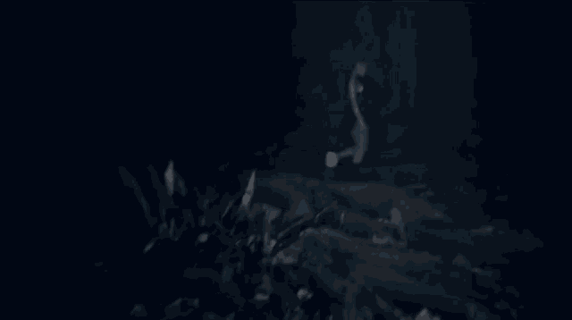a woman is running in the dark in a dark forest .