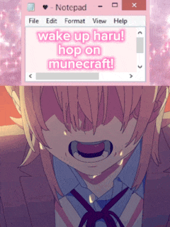 a girl is crying next to a notepad that says wake up haru hop on muncraft