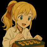 a girl in a ponytail is cooking food on a tray