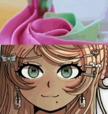 a close up of a girl 's face next to a flower