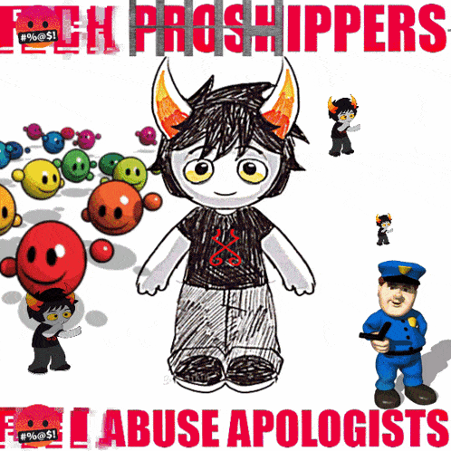 a poster with a drawing of a troll and a police officer says tech proshippers abuse apologists