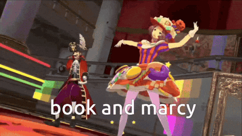 a pirate and a woman are dancing with the words book and marcy written below them