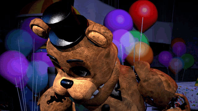 a brown teddy bear wearing a top hat and surrounded by balloons