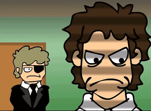 a cartoon of a man in a suit and tie standing next to another man with an eye patch