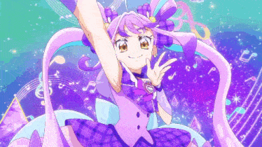 a girl with purple hair and a purple and blue dress