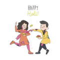 a boy and a girl are playing holi in a cartoon illustration .