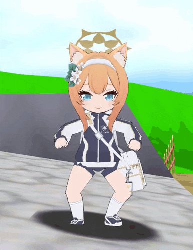a cartoon character with a cat ear and a flower in her hair is standing on a sidewalk