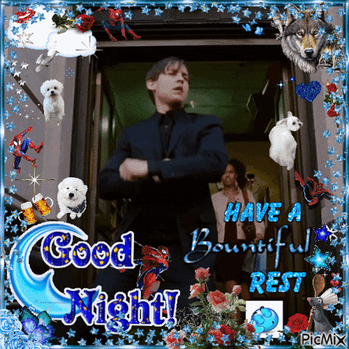 a man in a suit is standing in a doorway with the words good night