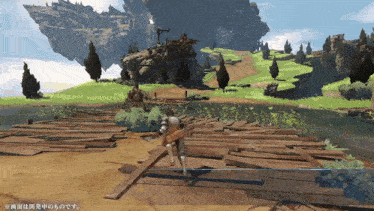 a video game shows a man standing on a wooden bridge in a field