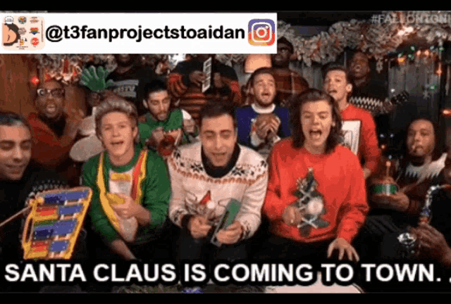 a group of people singing christmas songs with santa claus is coming to town