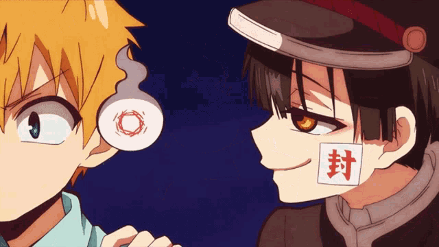 two anime characters are looking at each other and one has a sticker on his face that says " 封 "
