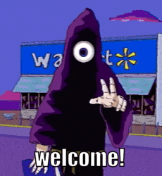 a cartoon character in a purple hoodie says welcome in front of a walmart store .