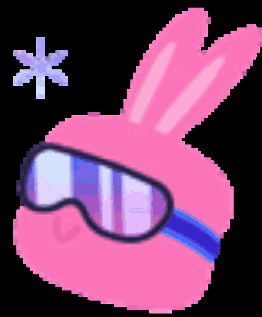 a pixel art of a pink bunny wearing goggles with a snowflake in the background