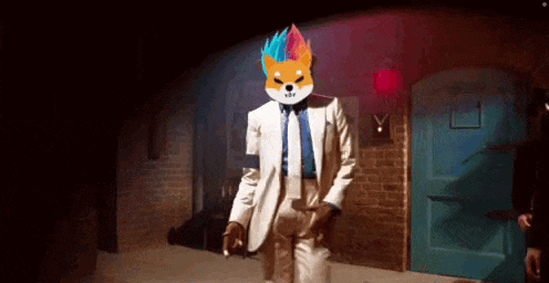 a man in a suit and tie with a shiba inu mask on his head is dancing .