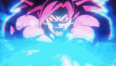 a close up of a person 's face with a blue background and a purple hair .