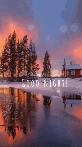 a good night greeting card with a snowy forest and a house in the background .