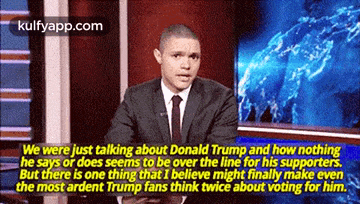 a man in a suit and tie is talking about donald trump and how nothing says or seems to be over the line for his supporters