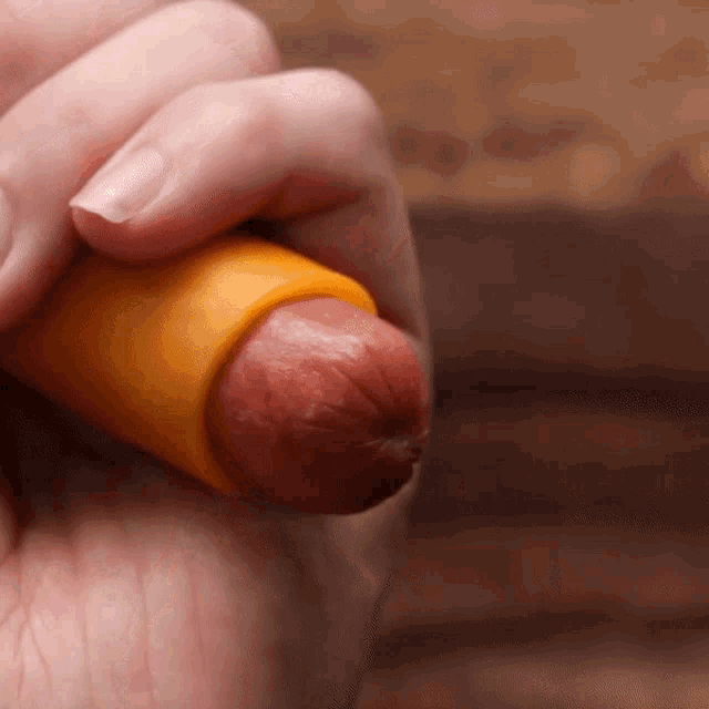 a person holding a hot dog with cheese on it