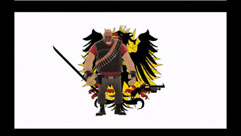 a drawing of a man holding a sword in front of an eagle on a white background