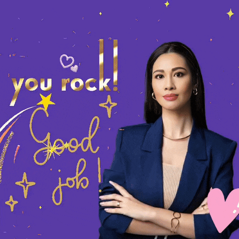 a woman stands with her arms crossed in front of a purple background that says you rock