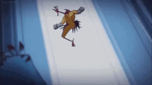 a cartoon character is flying through the air on a snowy surface .