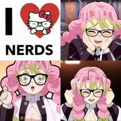 a girl with pink hair and glasses is wearing a hello kitty heart .