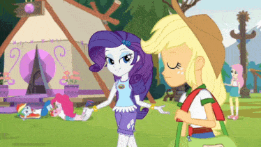 a cartoon drawing of rarity and applejack standing in front of a tent
