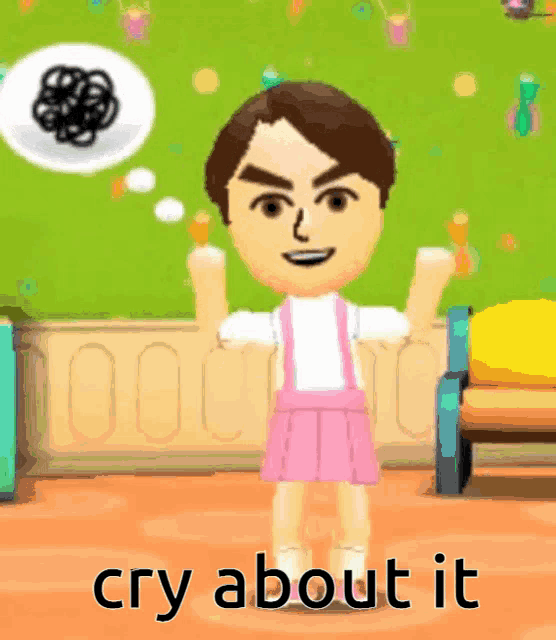 a cartoon character with the words cry about it below him