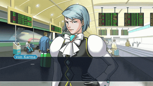 a video game character named von karma is standing in a terminal