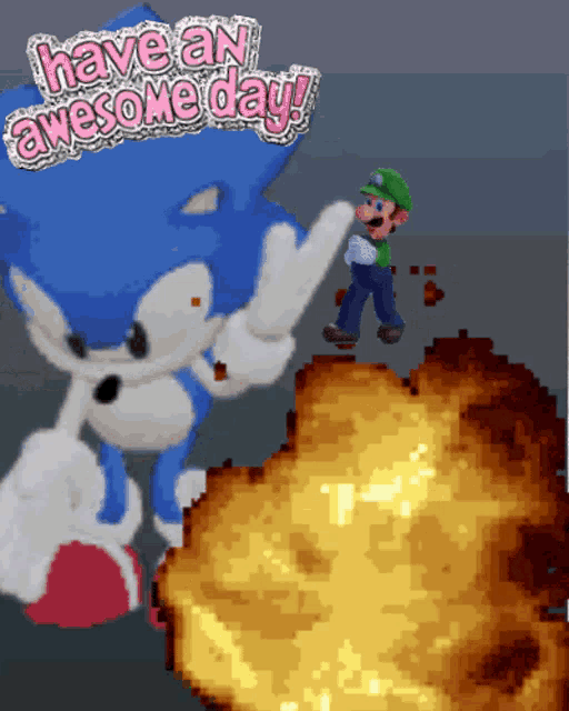 a pixel art of sonic the hedgehog and mario saying " have an awesome day "