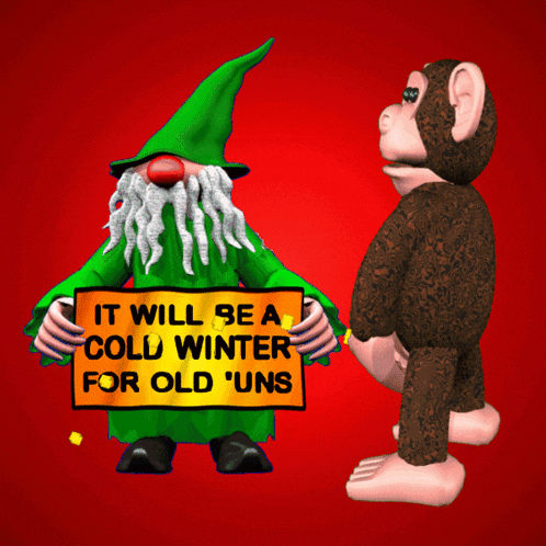 a gnome holding a sign that says it will be a cold winter for old ' uns stands next to a monkey