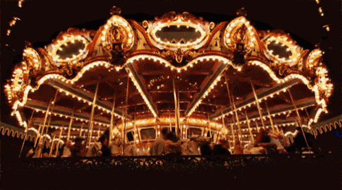 a merry go round is lit up at night with people riding