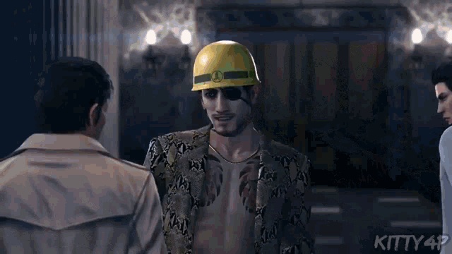 a man wearing a yellow hard hat is talking to another man in a video game .