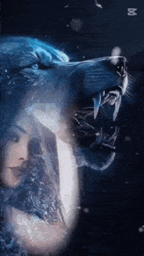 a woman is standing next to a wolf with its mouth open and teeth showing .