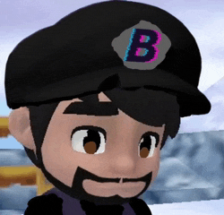 a close up of a cartoon character wearing a hat with the letter b on it