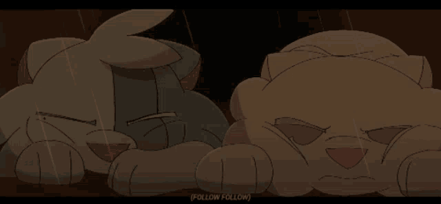 two cartoon cats are laying down and one has a hole in its head