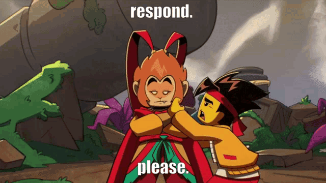 a cartoon of a monkey and a man with the words " respond please " above them