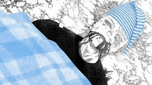 a black and white drawing of a man laying on a blue blanket with a hat on .