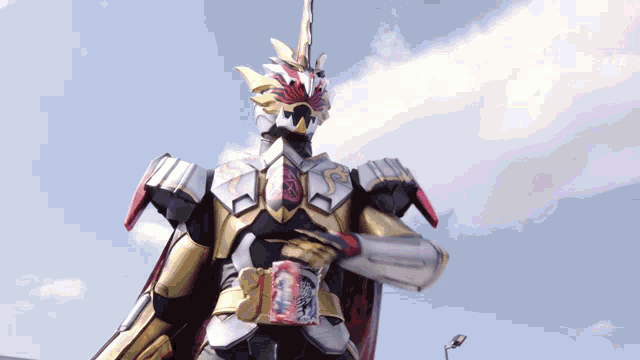 a robot is standing in front of a cloudy sky
