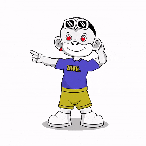 a cartoon monkey wearing a blue shirt that says zhot